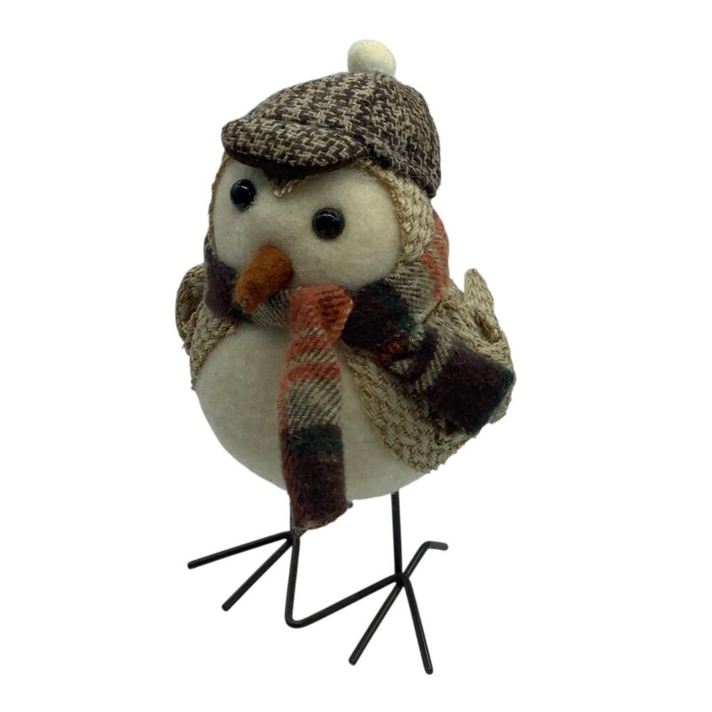 Winter Fabric Bird Figurine Plaid Scarf Tweed Hat Freestanding Home Decor Accent
